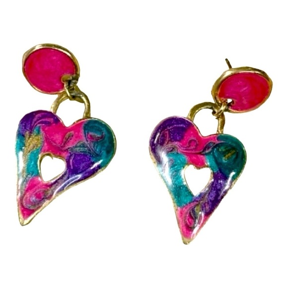 Vintage faux Cloisonne Heart Drop Earrings - Picture 1 of 6